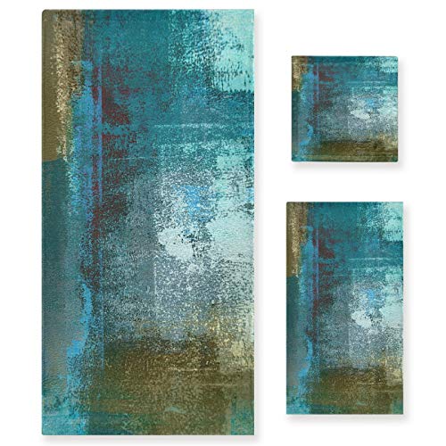 ALAZA Teal and Brown Abstract Art Painting Bath Towel Set Luxury Decorative Set of 3, 1 Bath Towel 1 Hand Towel 1 Washcloth Soft Multipurpose for for Bathroom - color: Multi18