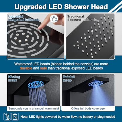 ROVOGO LED Shower Panel Tower With Lights & Digital Display, Water Powered | Rain Mist Shower Head, Handheld, 5 Body Jets, Tub Spout, Hydroelectric Shower Column Stainless Steel W/ Brass Valves, Black - style: 6-Function-Black-Water Powered