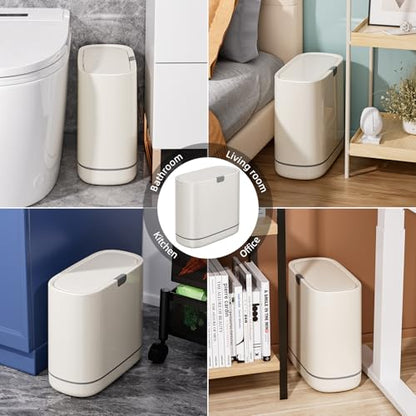 Bathroom Trash Can with Lid, 2.6 Gallon Slim Garbage Can with Inner Bucket, Press Top Bin, Plastic Narrow Wastebasket for Kitchen, Home, Office, Bedroom, Living Room