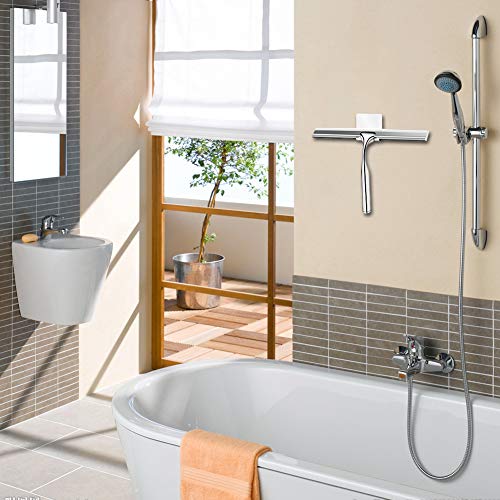 Shower Squeegees Stainless Steel with Self Adhesive Hook Window Squeegees for Shower Doors Bathroom Mirror Wiper, Window Glass Cleaning - size: 10 Inches