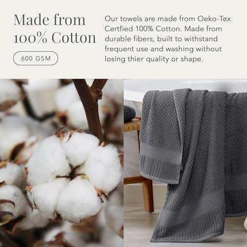 NY Loft 100% Cotton 4-Pack Bath Towel Set | Grey | Oeko-TEX | Quick-Dry | Four 30" x 52" Bath Towels | Super Absorbent | Designer-Styled Texture - color: Charcoal Grey, size: Bath Towel (4 Pack)