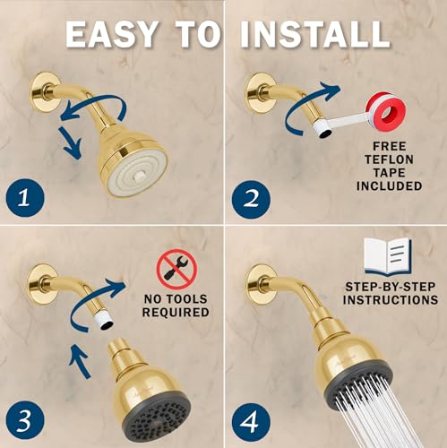 High Pressure Shower Head - 1.8 GPM - Polished Brass | Best 3 Inch Wall Mount Bathroom Showerhead For Boosting Low Flow With Anti-Clog Nozzles, Adjustable Brass Ball Joint - color: Polished Brass, size: 1.8 GPM