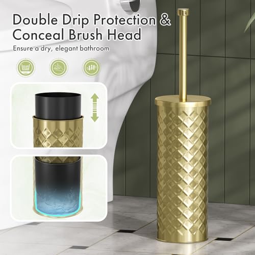 Toilet Bowl Brush and Holder Set 3 Pack with 6 Extra Brush Heads (Gold) | Extra Long Handle with Splash Guard Cover, Tool-Free Installation, Bathroom Space-Saving, Cleaner Sets for Apartments, RV - color: Gold