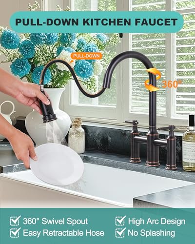 Bridge Faucet Oil Rubbed Bronze: Brass Two Handles Bridge Kitchen Faucet with Pull Down Sprayer - 3 Hole 8 Inch Centerset Kitchen Sink Faucet for Farmhouse RV Laundry, 360° Swivel Spout - color: Oil Rubbed Bronze