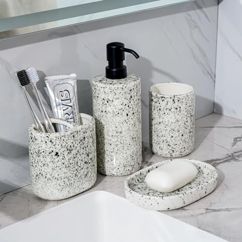 Bathroom Accessories Set 4 Pcs - Featuring Unique Ink-Splattered Design - Ceramic Bathroom Accessory Sets Contain Toothbrush Cup, Soap Dispenser, Soap Dish, Tumbler (White)