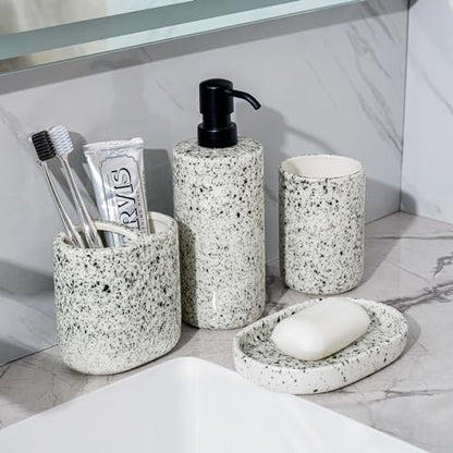 Bathroom Accessories Set 4 Pcs - Featuring Unique Ink-Splattered Design - Ceramic Bathroom Accessory Sets Contain Toothbrush Cup, Soap Dispenser, Soap Dish, Tumbler (White)