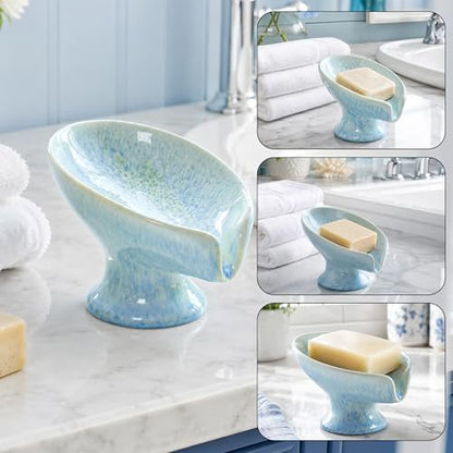 Ceramic Drain Soap Dish - Glacier Blue Leaf Self Draining Bar Soap Holder, Colorfast Stain Resistant Soap Saver for Bathroom & Kitchen, Shower, Sink, Easy Clean