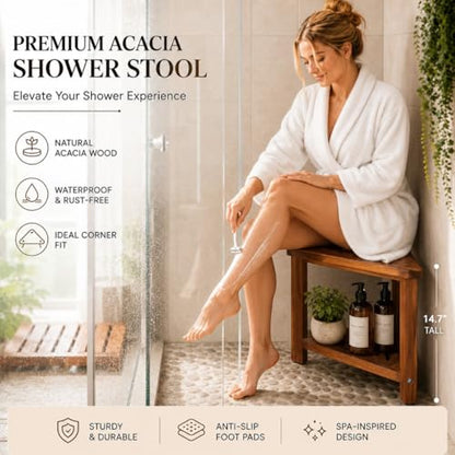Acacia Wood Shower Stool for Shaving Legs, Corner Bath Shower Bench | Shower Foot Rest with Storage Shelf for Inside Small Shower Spaces, Waterproof Shower Foot Stool for Inside Shower