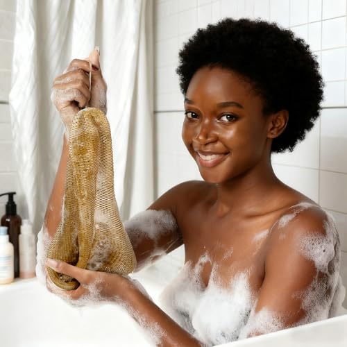 Bathway African Net Sponge Authentic with Handles (Set of 2), African Exfoliating Net Sponge, Exfoliating Body Scrubber Bath Sponge - Bathing Accessories with Storage Bag (Army Green & Olive Green) - color: Army Green & Olive Green