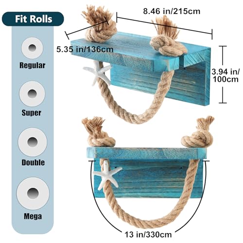 Nautical Rope Toilet Paper Holder Beach Farmhouse Bathroom Decor | Pre-Assembled Wall Mounted Coastal Ocean Starfish Rope Towel Rack Unique Tissue Roll Holder with Wood Shelf Blue - color: Rustic Sea Blue