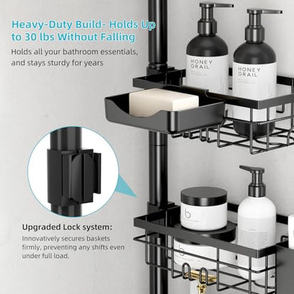 Corner shower storage pole, six-tier bathroom storage rack, height adjustable 30-120 inches, black carbon steel, with toothbrush cup, soap dish, towel storage pole, razor holder, hooks.