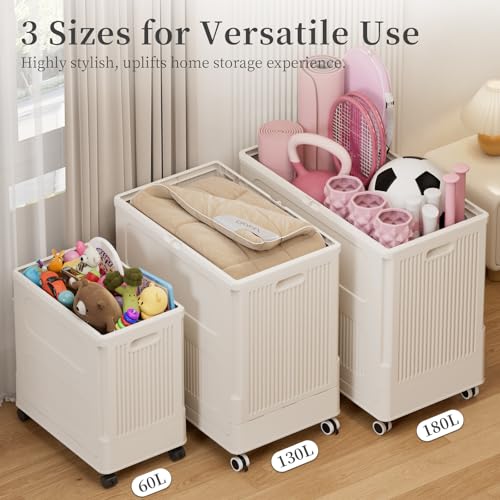 Extra Large Laundry Hamper with Lid Wheels 180L | Fits Large Families, Industries, Heavy-Duty Frame, 4 Smooth Wheels, Dust-Free Lid, Easy-Clean Plastic, Foldable Assembly - color: Milky, size: 180L