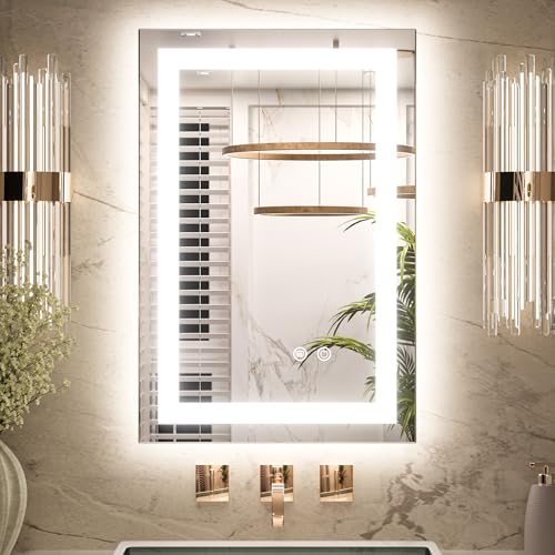 Keonjinn 16x24 Inch LED Bathroom Mirror with Lights, HD Tempered Grass | Frontlit & Backlit, 3-Color Temperature & Stepless Dimmable Lighting, Fast & Safe Defogging, Effortless Installation - size: 24"L x 16"W