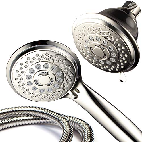 Hotel Spa AquaSpa 6-in-1 High-Pressure Shower Head/Hand Held Showerhead Combo with Two Overhead and Low-Reach Wall Brackets, 3-way Water Diverter & Stainless Steel Hose/Brushed Nickel Finish