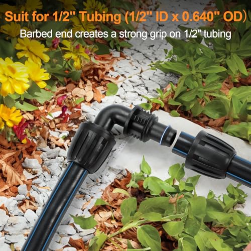 Drip Irrigation Elbow Fittings, 12 Pieces 1/2'' Dripline Locked Barbed Elbow Connectors for 1/2 Inch Irrigation Tubing (1/2" ID x 0.650" OD) 90 Degree Corner for Garden Sprinkler Systems - size: 1/2" Nut Elbow 12 Pcs