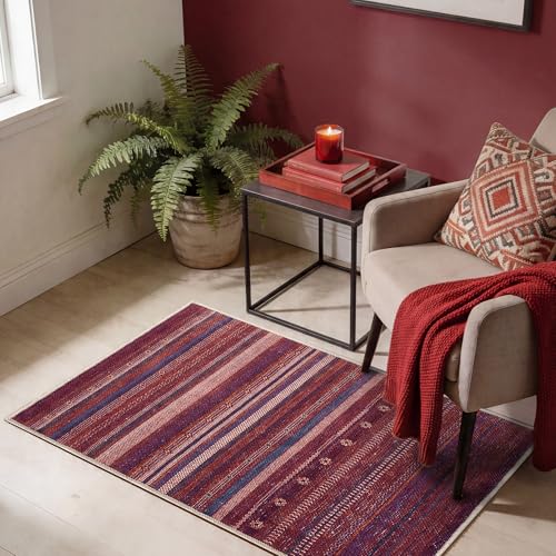 Keen Home Design Vintage Washable Entryway Rug, Non-Slip Low Pile, 2x3 | Machine washable cotton chenille, 0.25in low pile, rubber non-slip back; kitchen, entryway, bathroom, bedside - color: Burgundy, size: 2' x 3' (Rectangular)