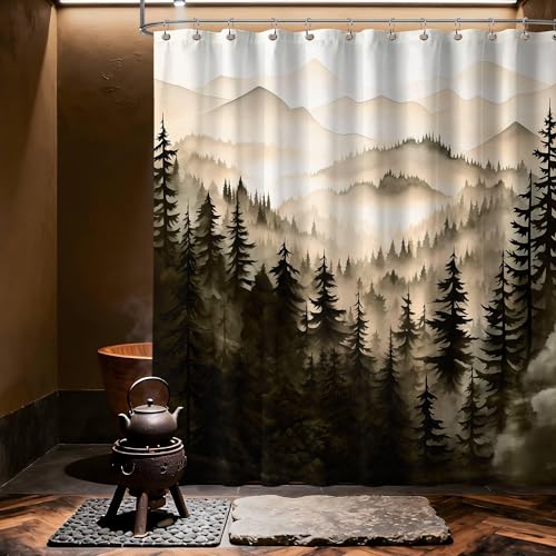 Dark Brown Forest Shower Curtain, 72x72 in, Mountain Pine Tree Bronze | Rustic Nature Theme, Mens Cabin Pattern Design, Cool Chocolate Bathroom Decor, Waterproof Polyester Fabric, with Hooks - color: Brown, size: 70"W x 72"L (Pack of 1)