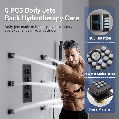 Thermostatic Shower System with 6 Body Jets & 16-Inch Ceiling Rainfall Shower Head, Oil Rubbed Bronze Luxury Full Body Shower Faucet with Handheld Sprayer, Shower Fixtures Set with Valve - color: Oil Rubbed Bronze