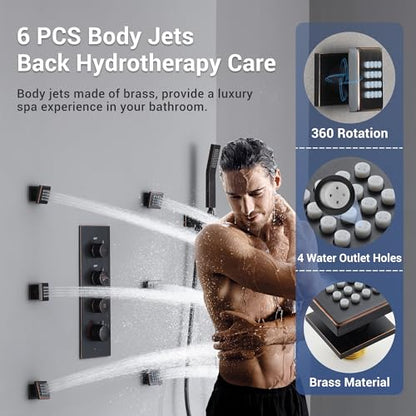 Thermostatic Shower System with 6 Body Jets & 16-Inch Ceiling Rainfall Shower Head, Oil Rubbed Bronze Luxury Full Body Shower Faucet with Handheld Sprayer, Shower Fixtures Set with Valve - color: Oil Rubbed Bronze