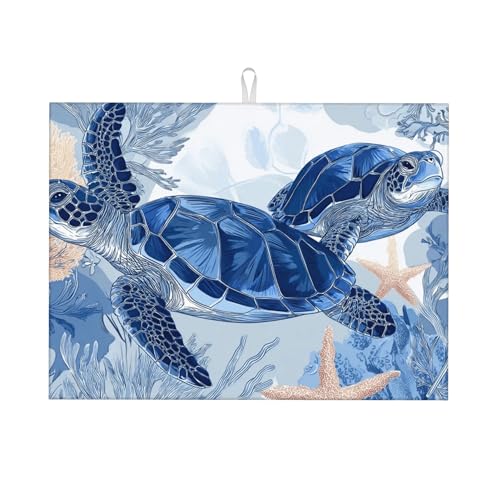 Sea Turtle Kitchen Dish Drying Mat Absorbent Reversible Microfiber Pad Countertop Protector Fast Drying Dish Mat Large 18"x24" - color: Slate Blue-Turtle