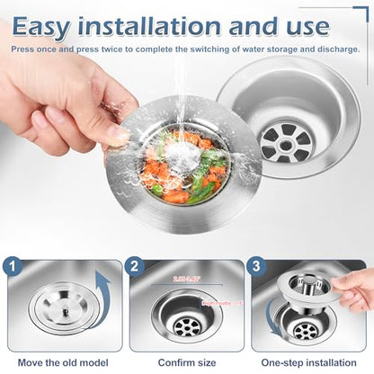 3 in 1 Kitchen Sink Stopper,304 Stainless Steel Kitchen Sink Drain Strainer Fits for Most Kitchen Drain, Easy to Install, Use, and Clean; Works Effectively