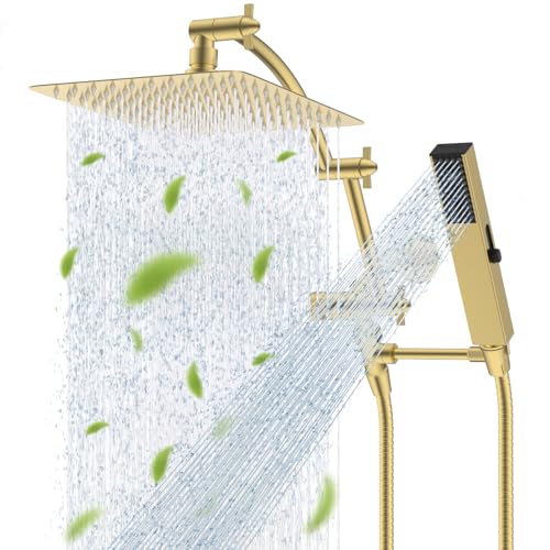 Hibbent All Metal CUPC Certified 10'' Rain Shower Head, Dual Shower Head Combo, High Pressure Handheld 4 Sprays Shower Wand, 16'' Adjustable Extension Arm, 71'' Hose, Shower Holder, Brushed Gold - color: Brushed Gold, style: Square 10''