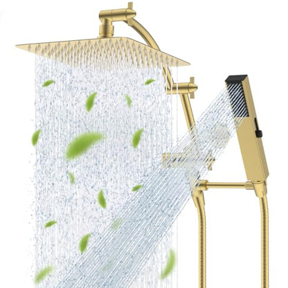 Hibbent All Metal CUPC Certified 10'' Rain Shower Head, Dual Shower Head Combo, High Pressure Handheld 4 Sprays Shower Wand, 16'' Adjustable Extension Arm, 71'' Hose, Shower Holder, Brushed Gold - color: Brushed Gold, style: Square 10''