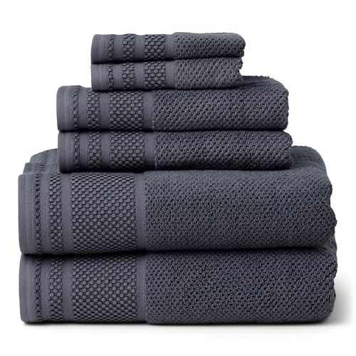 Texere 100% Organic Cotton Rice Weave Jacquard 700 GSM Luxury Bath Towel Sets - Ultra Soft and Absorbent Hotel Quality, 2 Large Bath Towels, 2 Hand Towels, 2 Washcloths (Rice Weave, Charcoal, 6 Piece) - color: Charcoal (Rice Weave)