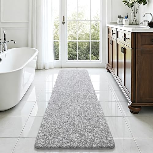Bathroom Runner Rug 24x84 Inch, Absorbent Long Bath Rugs for Shower Floor | Non Slip Washable Bathroom Rugs, Soft Plush Thick Microfiber Large Bath Mat for Tub Double Sink Vanity, Brown and White - color: Light Grey and White, size: 24" x 84"