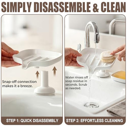 1PCS Self Draining Soap Dish with Suction Cup, Soap Holder for Shower, Bathroom, Sponge Holder for Kitchen Sink, Removable No Damage Stand Bar Soap Tray with Drain Spout Keeps Clean & Dry, White