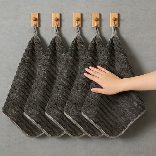 5pcs Hand Towel Set Super Absorbent Quick Dry Lint Free Hanging Loops 30x30cm for Bathroom Kitchen Travel Daily Use Home, Brown - color: Brown