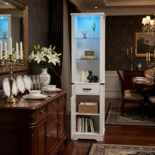 Pantry Cabinet, Storage Cabinet, White Bathroom Cabinet with LED Lights, 75 Inch Tall Linen Tower with Barn Door, Drawer and Adjustable Shelves
