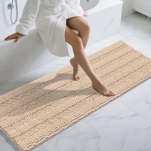 Yimobra Chenille Extra Long Bathroom Runner Rug 70 x 24, Ideal for Large and Master Bathrooms, Tub-to-Vanity Use and Long Walkways, Non-Slip Super Absorbent Quick Dry, Ultra Plush Bath Runner, Beige - color: Beige, size: 70" X 24"