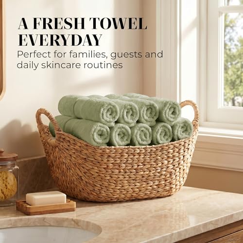 12 Pack Organic Cotton Washcloths, 700 GSM, 13x13in – Sage Green | Plush face towels set, soft, absorbent, quick-drying wash cloths for showering, GOTS & Oeko-TEX, baby face cloths, 13x13 in - color: Sage Green