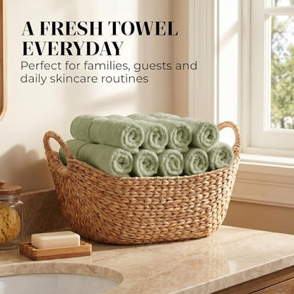 12 Pack Organic Cotton Washcloths, 700 GSM, 13x13in – Sage Green | Plush face towels set, soft, absorbent, quick-drying wash cloths for showering, GOTS & Oeko-TEX, baby face cloths, 13x13 in - color: Sage Green