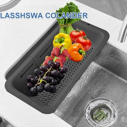 LASSHSWA Collapsible Colander for Kitchen, Over the Sink Strainer Basket for Kitchen, Fruit Pasta Food Strainer Expandable Plastic Colander BPA Free (Black) - color: Black