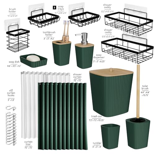 Clara Clark Bathroom Set, Shower Curtain Set and Shower Caddy Hanging | 25 Piece Hunter Green Bathroom Accessories Set with Toothbrush Holder, Soap Dispenser, Soap Dish, Toilet Brush, and Trash Can - color: Hunter Green, size: Complete Set + Shower Caddy