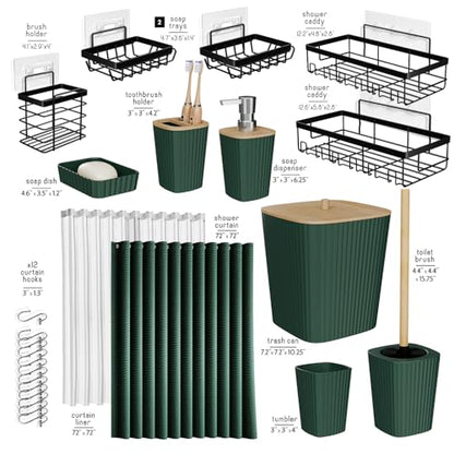 Clara Clark Bathroom Set, Shower Curtain Set and Shower Caddy Hanging | 25 Piece Hunter Green Bathroom Accessories Set with Toothbrush Holder, Soap Dispenser, Soap Dish, Toilet Brush, and Trash Can - color: Hunter Green, size: Complete Set + Shower Caddy