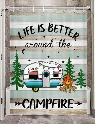 JAWO RV Shower Curtain, Happy Camper Shower Curtain for Travel Trailer, Farmhouse Camping Shower Curtain Hooks Included (47" W x 72" H), Rustic Teal - color: Brown, size: 47"W x 72"L (Pack of 1)