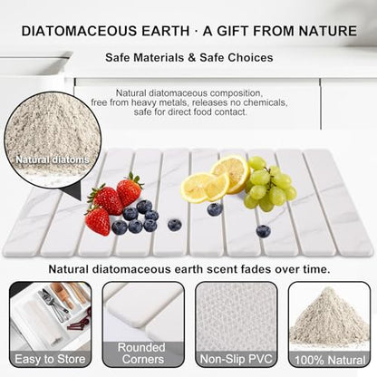 3 Pcs Large Stone Dish Drying Mat for Kitchen Counter Quick Dry Board Pad | Diatomaceous Earth Stone Drying Set With Sink Faucet Drip Catcher And Small Coaster, Super Absorbent Marble Water Tray - color: White Grey Marble
