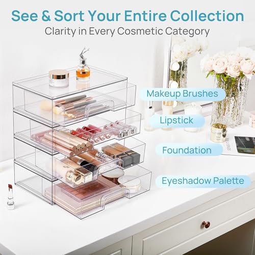 Vtopmart Clear Stackable Storage Drawers, 2 Pack Wide Plastic Organizers | Clear Pull-Out Plastic Drawers, Stackable Design for Makeup Palettes, Cosmetics, Beauty Supplies, Vanity, Cabinet and Desk - style: 2pack Wide