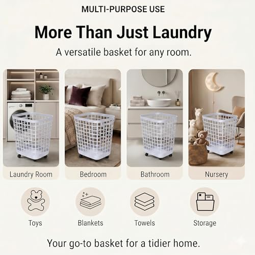 Heavy Duty Rolling Laundry Hamper with Wheels - 2.6 Bushel (90L+) Large Plastic Laundry Basket, Tall Ventilated Dirty Clothes Organizer for Bedroom, Bathroom & Dorm Room, No Assembly Required (White) - size: White
