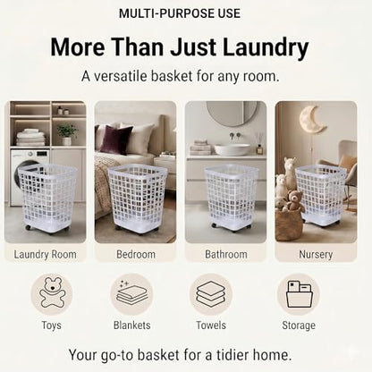 Heavy Duty Rolling Laundry Hamper with Wheels - 2.6 Bushel (90L+) Large Plastic Laundry Basket, Tall Ventilated Dirty Clothes Organizer for Bedroom, Bathroom & Dorm Room, No Assembly Required (White) - size: White