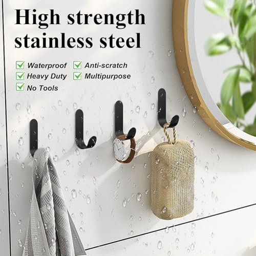 ATDOALL Adhesive Towel Hooks, 20 PCS Stainless Steel Self Adhesive Wall Hooks, Black Heavy Duty Shower Hook, Waterproof Oilproof Rustproof for Bathroom, Kitchen, Living Room - color: Black