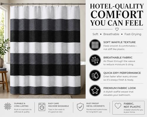 Dainty Home Ombre Waffle Weave Shower Curtain 70 x 72 Black Textured Fabric Shower Curtain, Hotel Style Waffle Weave Bathroom Curtain, Water Resistant Polyester Ombre Shower Curtain - color: Textured Black