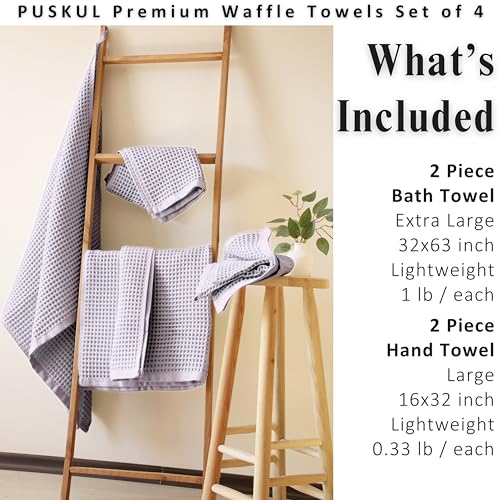 PÜSKÜL Natural 100% Turkish Cotton Waffle Towels Set of 4-Piece, L.-Gray | 2-Bath sheet (Extra-large 32x63") and 2-Hand towel (Large 32x16"). Premium honeycomb-waffle weave, oeko-tex made in Turkiye. - color: Gray