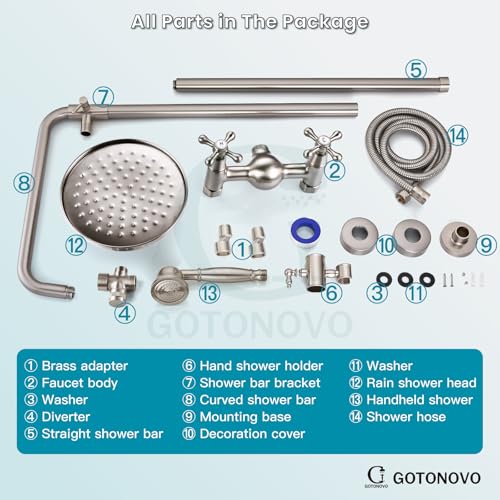gotonovo Exposed Shower System Wall Mount,Brushed Nickel,Metal Handheld | 8” Rain Shower Head Faucet Set Fixtures,2 Function,Two Cross Handle,Height Adjustable,for 5-6.7" Hole,Indoor Victorian Retro - color: Nickel