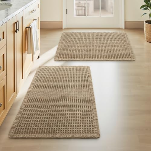Upgraded Waffle Bath Mats Set of 2, Super Absorbent Non Slip Bath Mats for Bathroom Floor, Washable Boho Bathroom Rugs Set 2 Piece with Tassels, Soft Bathroom Mat Set, 17" x 24" (2 Pack), Brown - color: Brown, size: 17" x 24" ( 2 PCS )