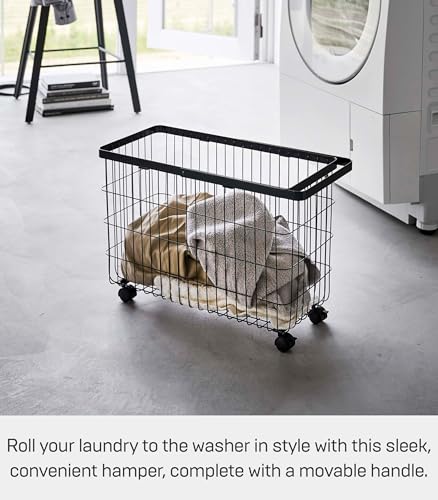 Yamazaki Home Tower Small Rolling Laundry Basket Metal Hamper Cart With Wheels And Handle, 14.8" - Steel - 9.8 Gallons, 35 Liters | Small metal laundry hamper cart features smooth-rolling wheels and a convenient built-in handle. Suits modern home storage.