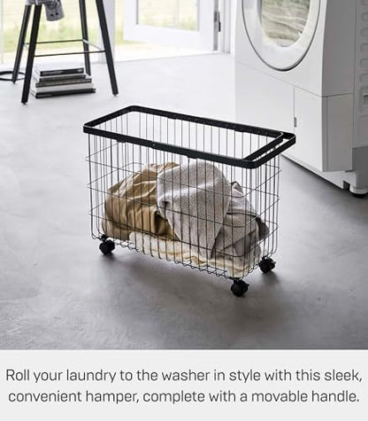 Yamazaki Home Tower Small Rolling Laundry Basket Metal Hamper Cart With Wheels And Handle, 14.8" - Steel - 9.8 Gallons, 35 Liters | Small metal laundry hamper cart features smooth-rolling wheels and a convenient built-in handle. Suits modern home storage.